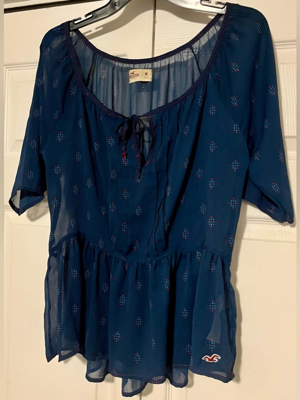Hollister Navy Blue Printed Sheer Blouse Tie Front, Size Medium